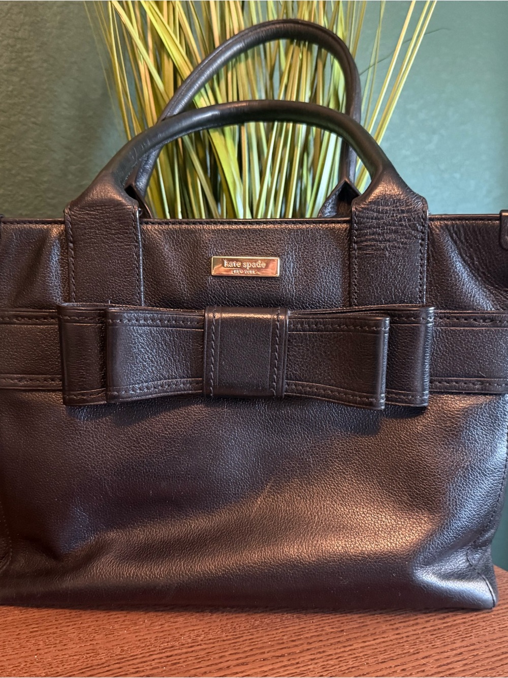 kate spade Black Leather Tote with Signature Bow